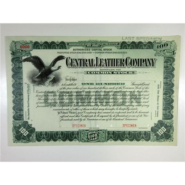 NJ. Central Leather Co., 1890-1900 Specimen Stock Cert 100 Shrs XF ABN Green