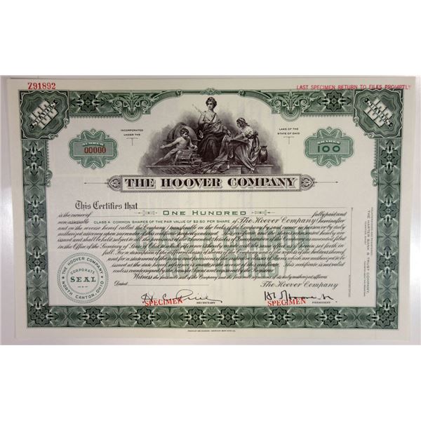 OH. Hoover Co., 1930-40s 100 Shrs Specimen Stock Cert, XF FLABNC