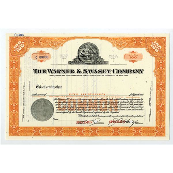 OH. Warner & Swasey Co., 1950s 100 Shrs Common Specimen Certificate, XF ABNC