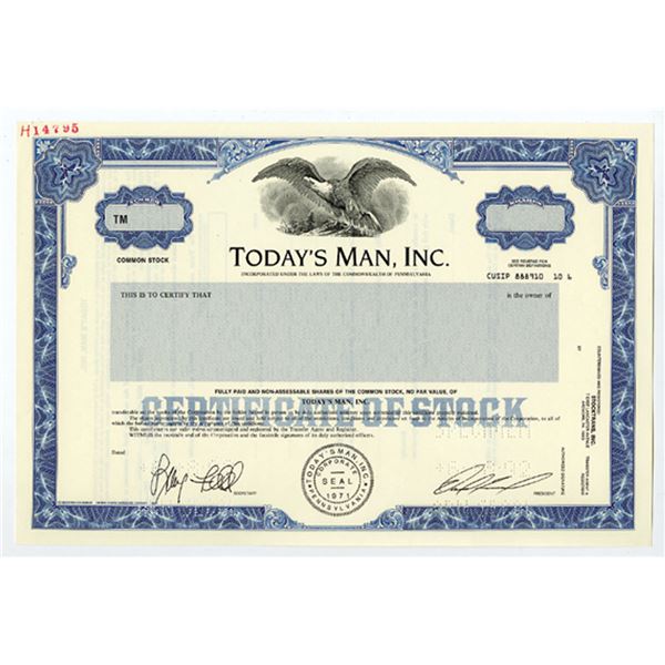 PA. Today's Man, Inc., 1992 Specimen Stock Certificate, XF
