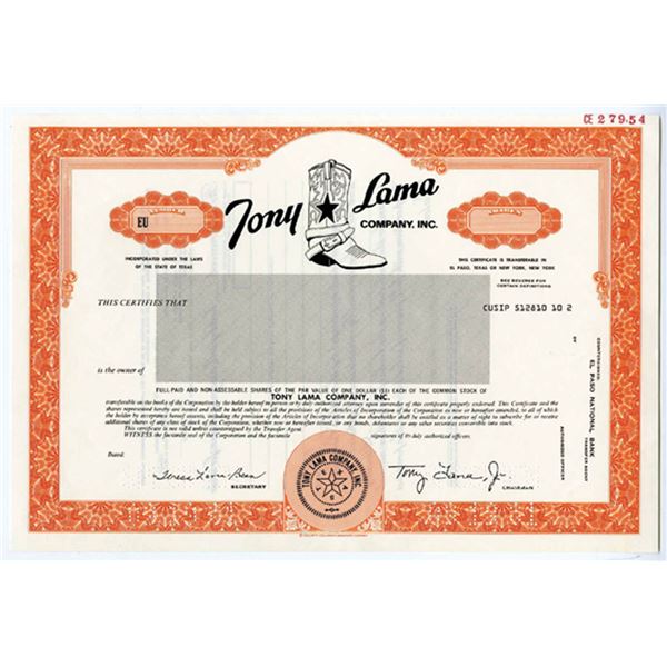 TX. Tony Lama Co. Inc., 1981 Odd Shrs Specimen Stock Cert., Unc. SCBN Orange