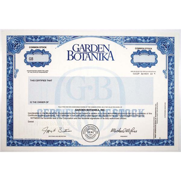WA. Garden Botanika, Inc., 1990s Odd Shrs Specimen Stock Cert, VF SC-USBN