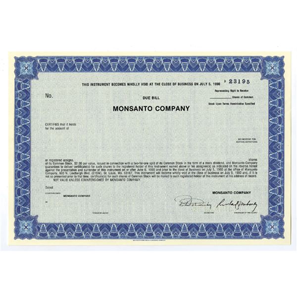 Monsanto Co., 1980s Odd Shrs Specimen Due Bill Stock Cert., VF-XF SCBN Blue