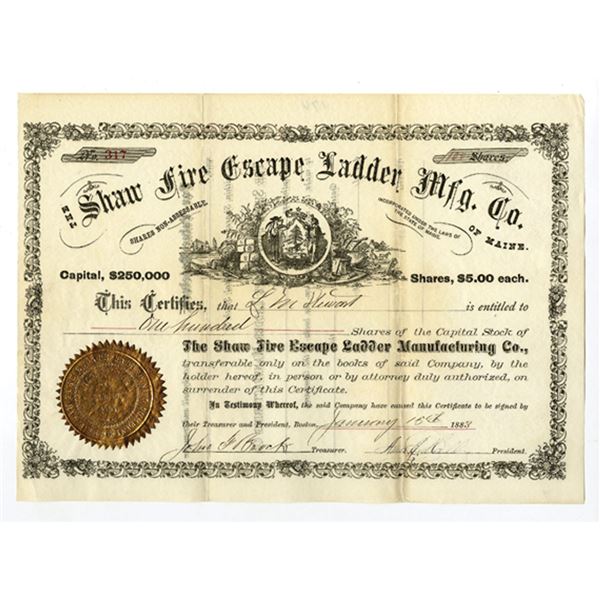 ME. Shaw Fire Escape Ladder Mfg. Co. 1883 I/U Stock Certificate.