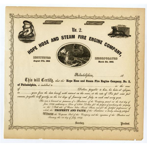 PA. Hope Hose and Steam Fire Engine Co. No. 2, 1859, Unissued Bond