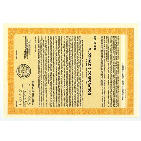 Canada. McDonald's Corp., 1988 $1,000 Specimen 9 5/8% Bond XF S-C USBNC