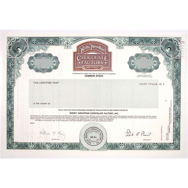 CO. Rocky Mountain Chocolate Factory, 1988 Odd Shares Specimen Stock Cert, VF