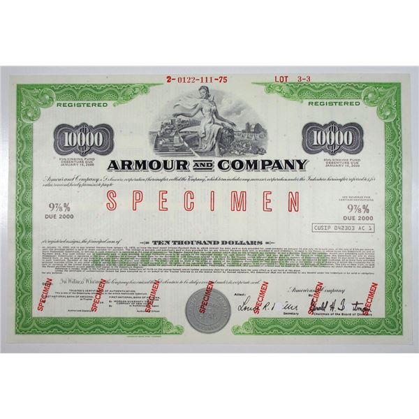 Armour & Co., 1975 $10,000 Specimen 9 7/8% Registered Sinking Fund Bond, VF