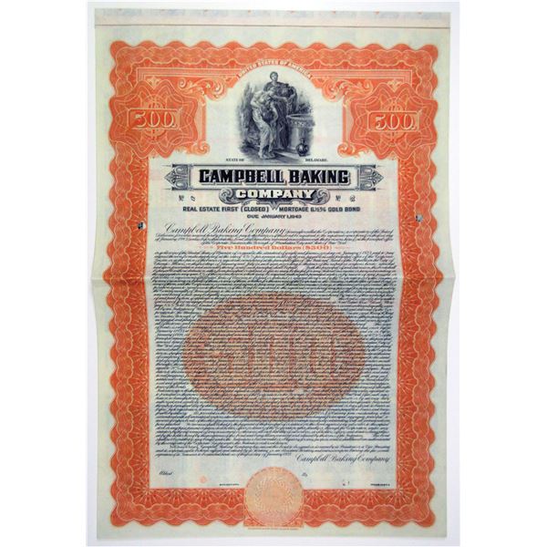 Campbell Baking Co., 1923 $500 Specimen 6.5% Mortgage Gold Coupon Bond, XF