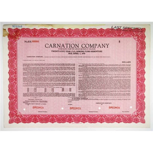 Carnation Co., 1950s $Odd Specimen 2 7/8% Sinking Fund Bond, Stained ABN Red