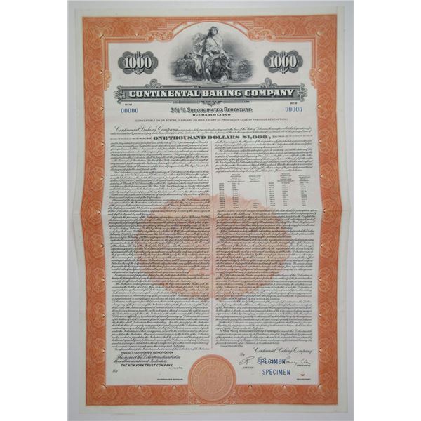 Continental Baking Co 1955 $1000 Specimen Bond, XF. Made TWINKIES & WONDER BREAD