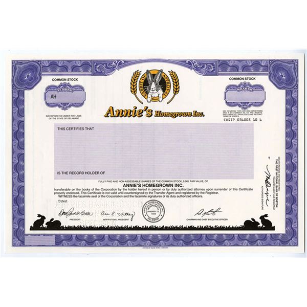 DE. Annie's Homegrown Inc., 1980s Odd Shrs Specimen Stock Certificate, XF ABNC