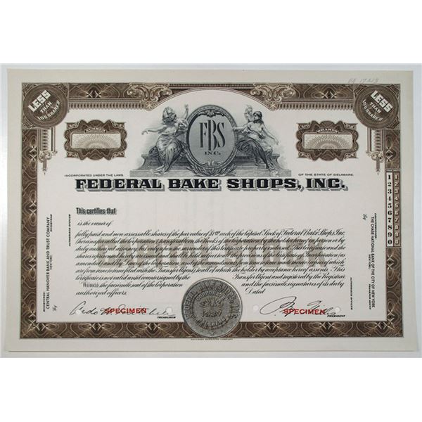 Federal Bake Shops, Inc., 1940s <100 Shares Specimen Stock Certificate, VF SBN