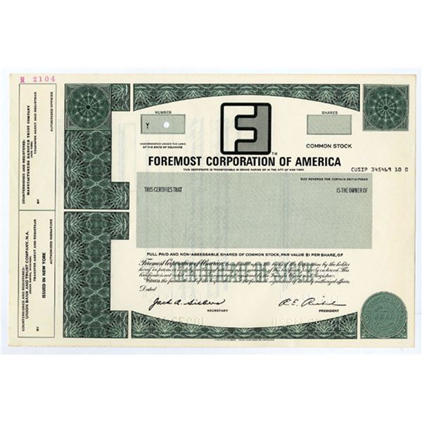 Foremost Corp of America 1980 SPECIMEN Odd Shares Stock Cert
