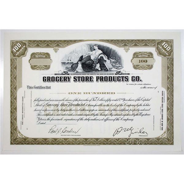 Grocery Store Products Co., 1968 100 Shares Specimen Stock Certificate, VF