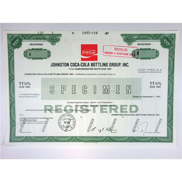 Johnston Coca-Cola Bottling Group, Inc., 1987 $Odd Reg 11 1/8% Specimen Bond, XF