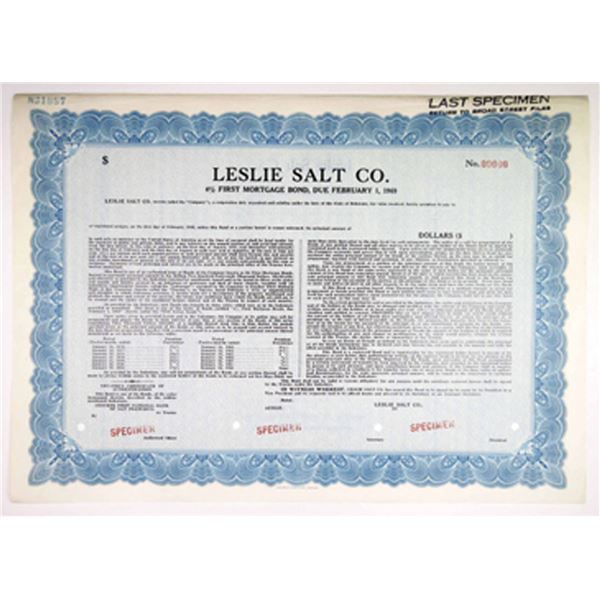 Leslie Salt Co., 1952 $Odd Specimen 4% First Mortgage Bond, VF-XF ABN Blue