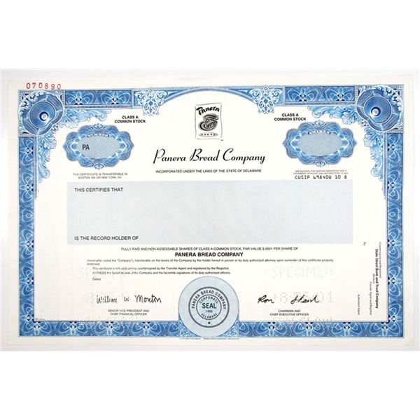 Panera Bread Co., 2001 Odd Shares Specimen Class A Stock Certificate, VF SC-USBN