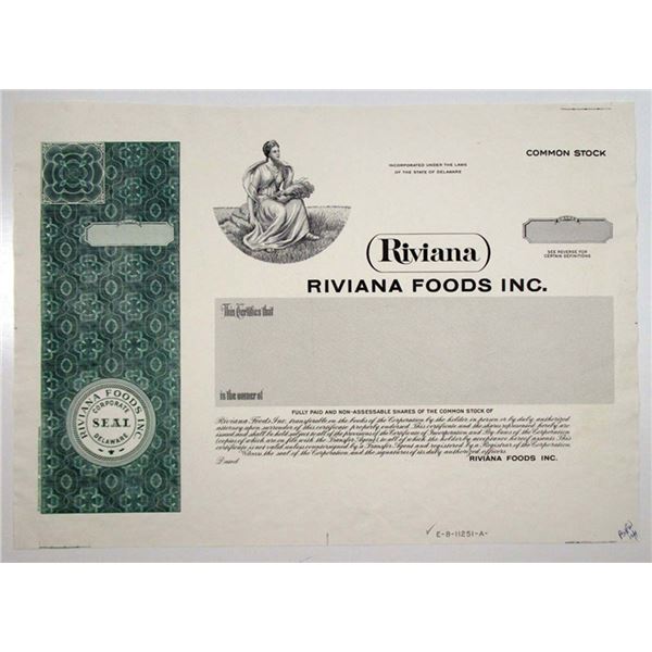 Riviana Foods Inc., 1950s Odd Shares Proof Stock Certificate, VF SC-USBN