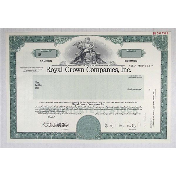 Royal Crown Companies, Inc., 1981. Specimen Stock Cert. XF-AU. S-C USBNC.