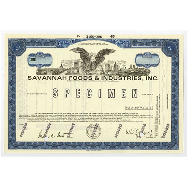 GA. Savannah Foods & Industries, Inc., 1985 Odd Shrs Specimen Stock Cert, VF ABNC