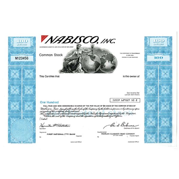 NJ. Nabisco, Inc., 1980s 100 Shrs Specimen Stock Cert., VF-XF SCBN Blue