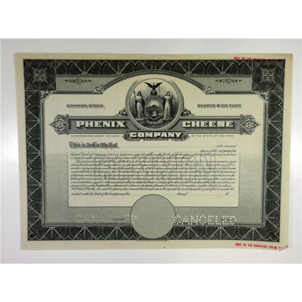 NY. Phenix Cheese Co., 1910-28 Specimen Stock Cert Odd Shrs VF Black SBN