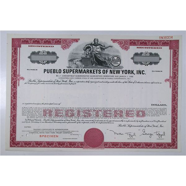 NY. Pueblo Supermarkets of New York, Inc., 1960s $Odd Specimen 5.25% Registered Bond