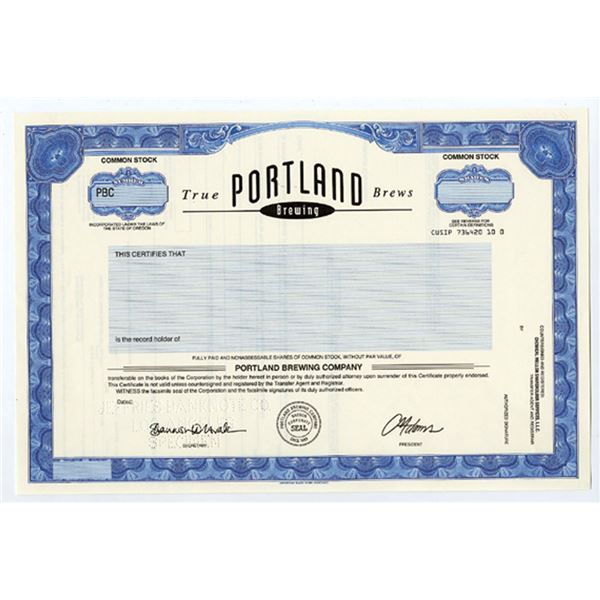 OR. Portland Brewing Co., 1990s Odd Shrs Specimen Stock Cert., XF ABNC