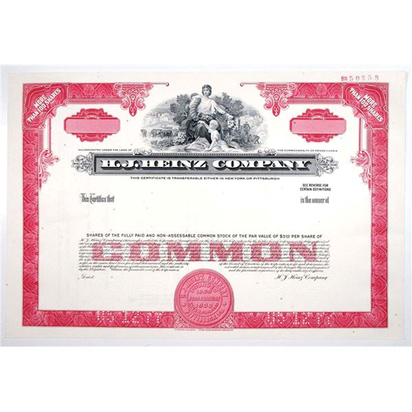 PA. H.J. Heinz Co., 1977 >100 Shares Specimen Stock Certificate, VF SC-USBN