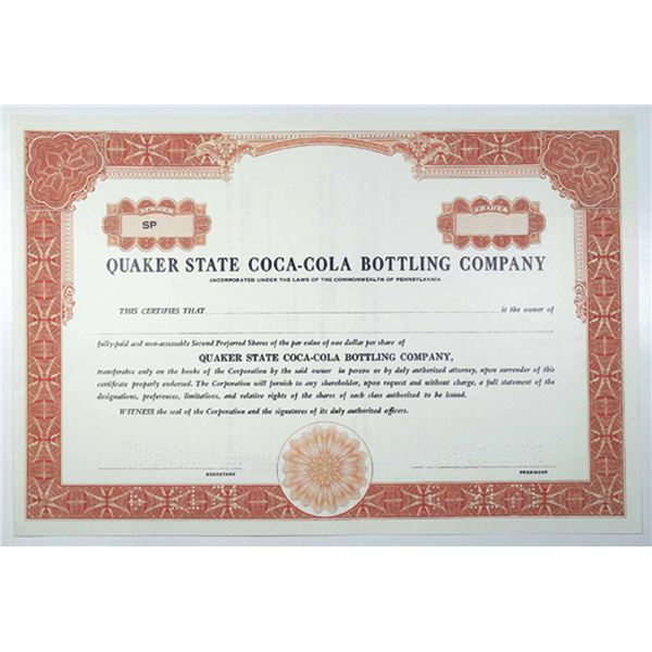 PA. Quaker State Coca-Cola Bottling Co 1971 Specimen Preferred Stock Certificate