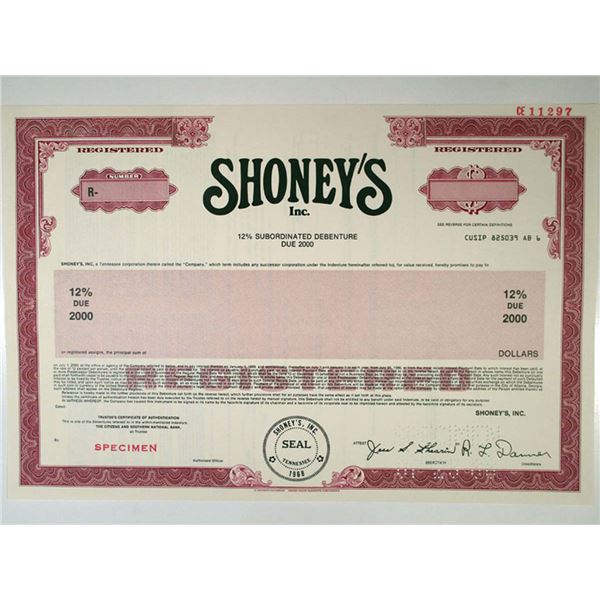 TN. Shoney's, Inc., 1988 $Odd Specimen 12% Registered Subordinated Bond, VF