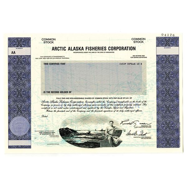 WA. Arctic Alaska Fisheries Corp., 1990s Odd Shrs Specimen Stock Cert., VF