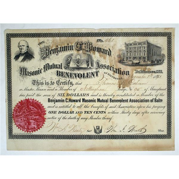 MD. Benjamin C. Howard Masonic Mutual Benevolent Assoc. of Baltimore, 1871, I/U Membership Certifica