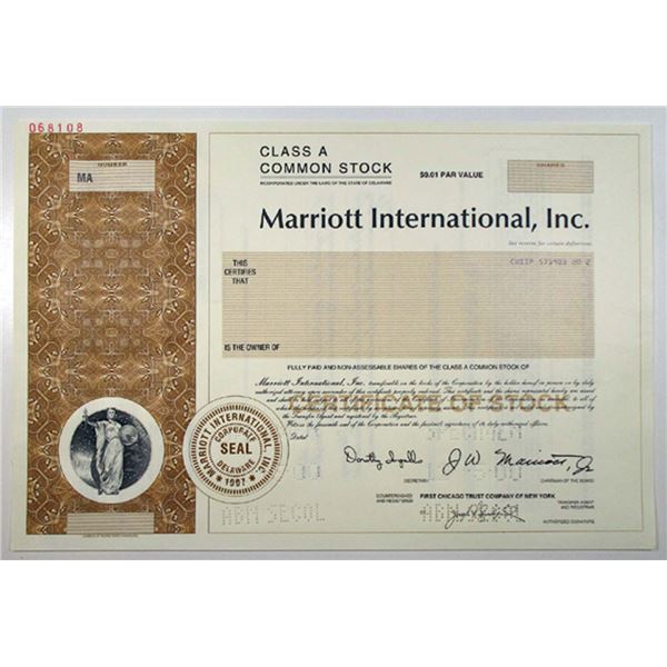 Marriott International, Inc, 2000 Odd Shrs Specimen Stock Cert., VF-XF ABN Brown