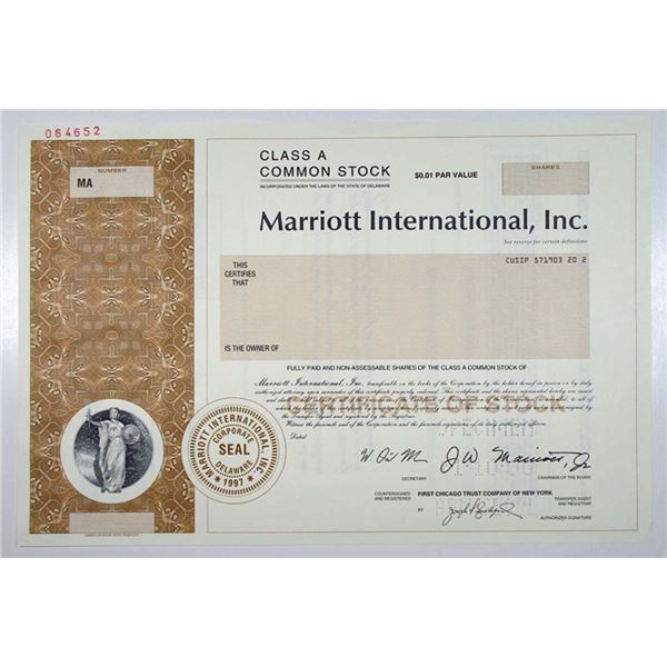 Marriott International, Inc., 2000 Odd Shares Specimen Class A Stock Cert, VF