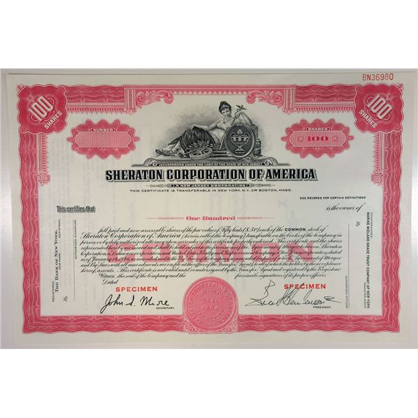 NJ. Sheraton Corporation of America 1950s Specimen Stock Certificate 100 Shrs XF