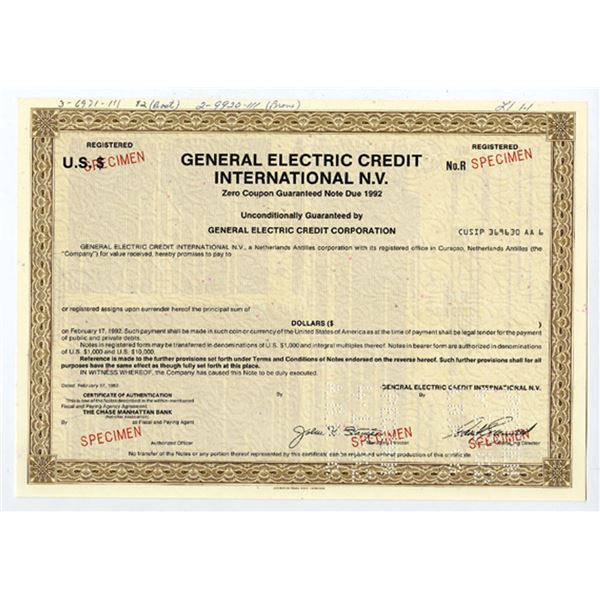 Curacao, N.A. General Electric Credit International N.V 1982 Specimen Bond