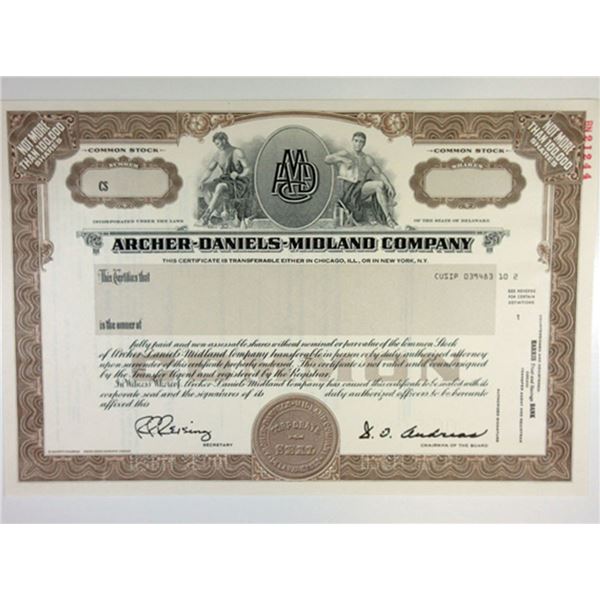 Archer-Daniels-Midland Co. 1990 Specimen Stock Certificate <100,000 Shrs XF Brown