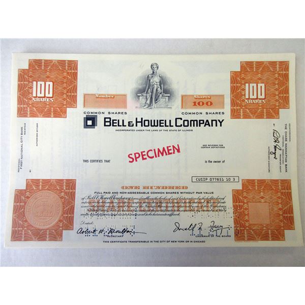 Bell & Howell Co 1973 Specimen Stock Cert XF Orange Early Home Movie Camera Mfg