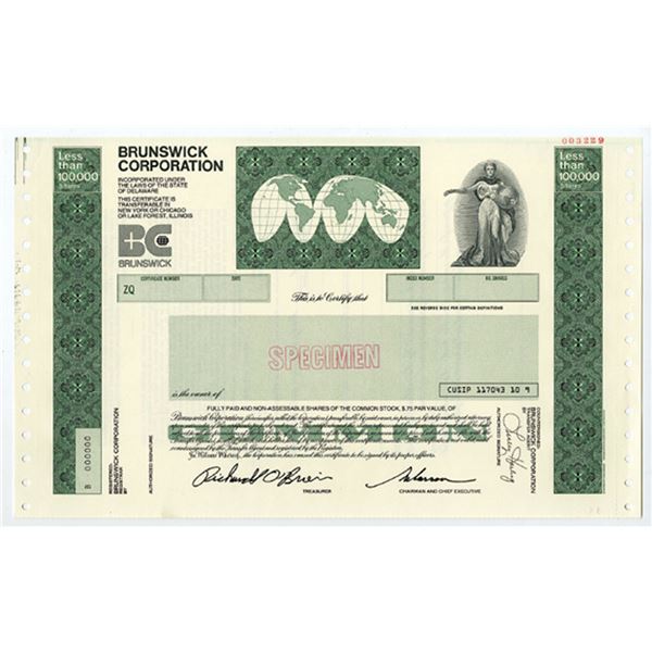 Brunswick Corp., 1970s-80s. <100,000 Shrs Specimen Stock Cert. XF-AU. S-C USBNC