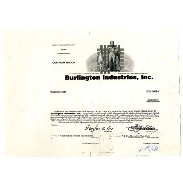 Burlington Industries, Inc., 1968 Unique Approval Progress Proof Stock Cert., VF
