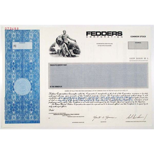 Fedders Corp., 2002 Odd Shrs Specimen Stock Cert, VF ABNC