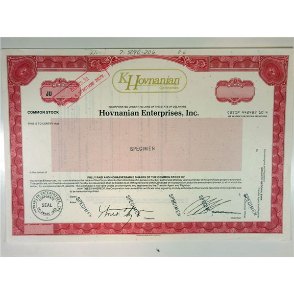 Hovnanian Enterprises, Inc, 1986 Specimen Cert, Return to Record & Specimen Dept
