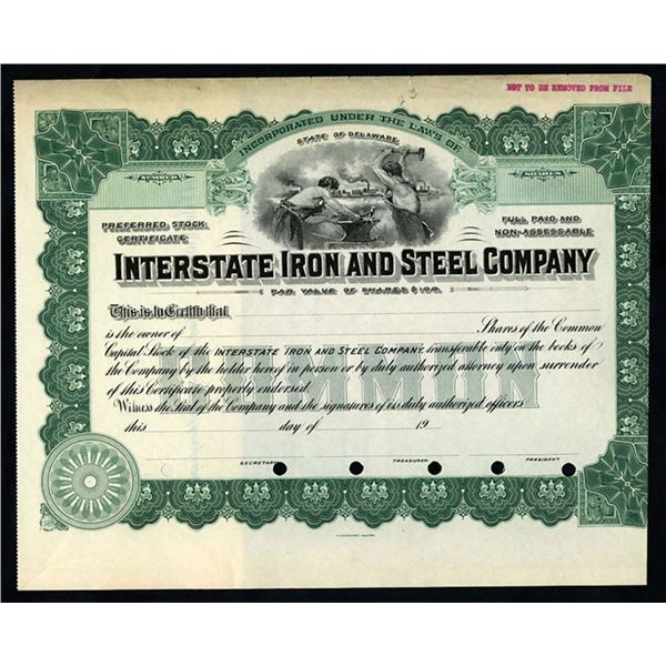 Interstate Iron & Steel Co., 1910s Specimen Capital Stock Certificate, VF Green