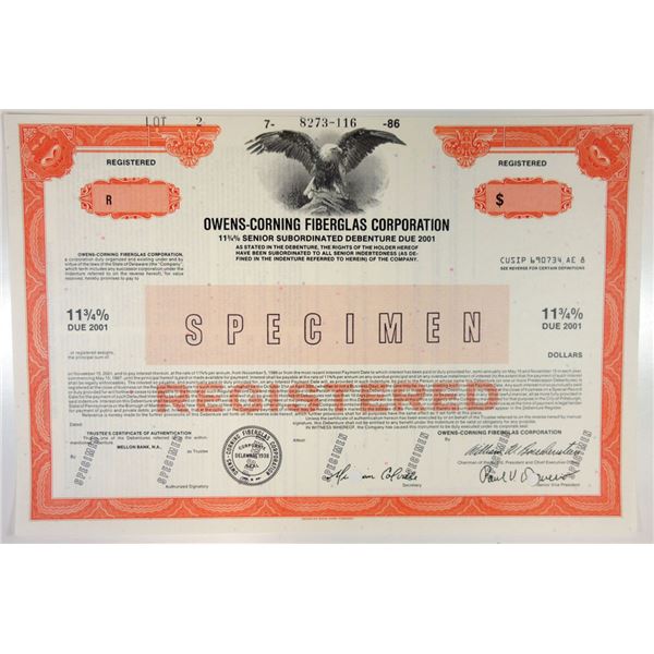 Owens-Corning Fiberglass Corp., 1986 $Odd Registered 11 3/4% Specimen Bond, XF