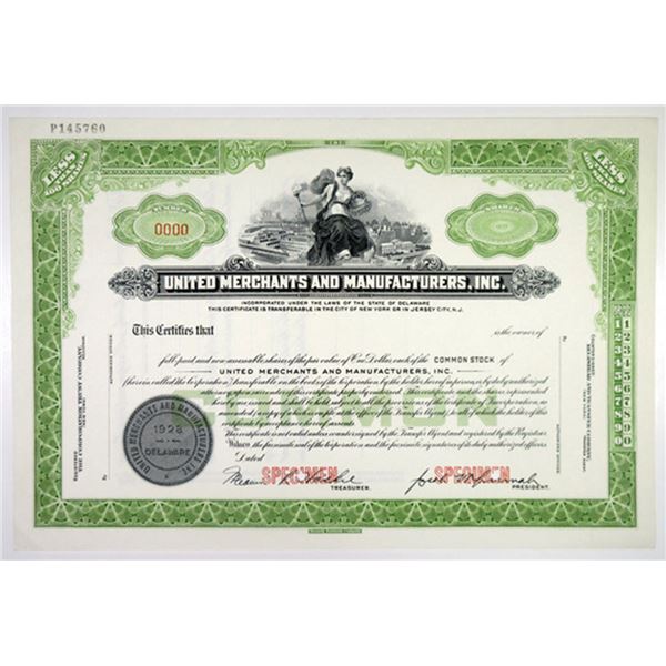 United Merchants & Manufacturing, Inc., ca.1930-1940 Specimen Stock Certificate