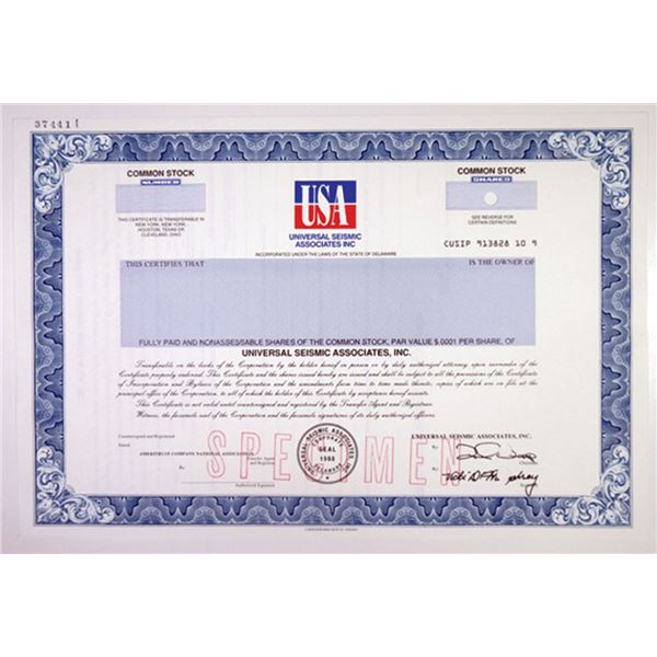 USA - Universal Seismic Associates Inc., 1990s Specimen Stock Certificate, VF Blue