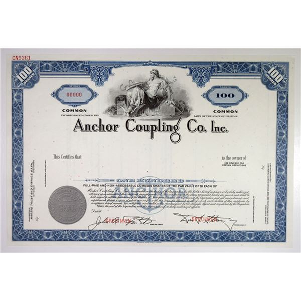 IL. Anchor Coupling Co. Inc., 1960s 100 Shares Specimen Stock Certificate, VF