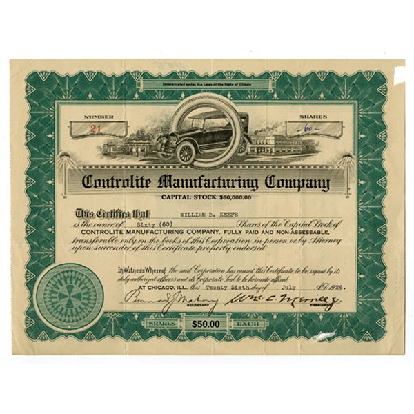 IL. Controlite Manufacturing Co., 1926, I/U Stock Certificate.